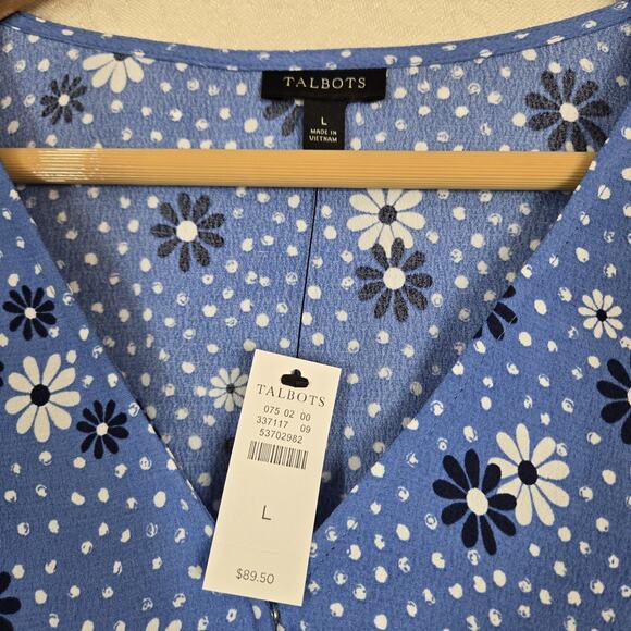 Talbots Poet Sleeve Faux Wrap Top sz L Blue White Flowers Dots Boho - Picture 10 of 15